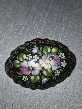 Vintage Russian Hand-Painted Floral Brooch in Black Purple